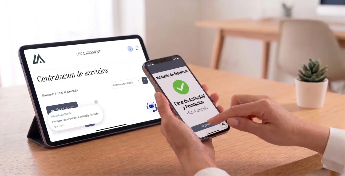 Interfaz de contratación de servicios jurídicos de Lex Agreement mostrando firma digital en smartphone y catálogo legal en tablet.