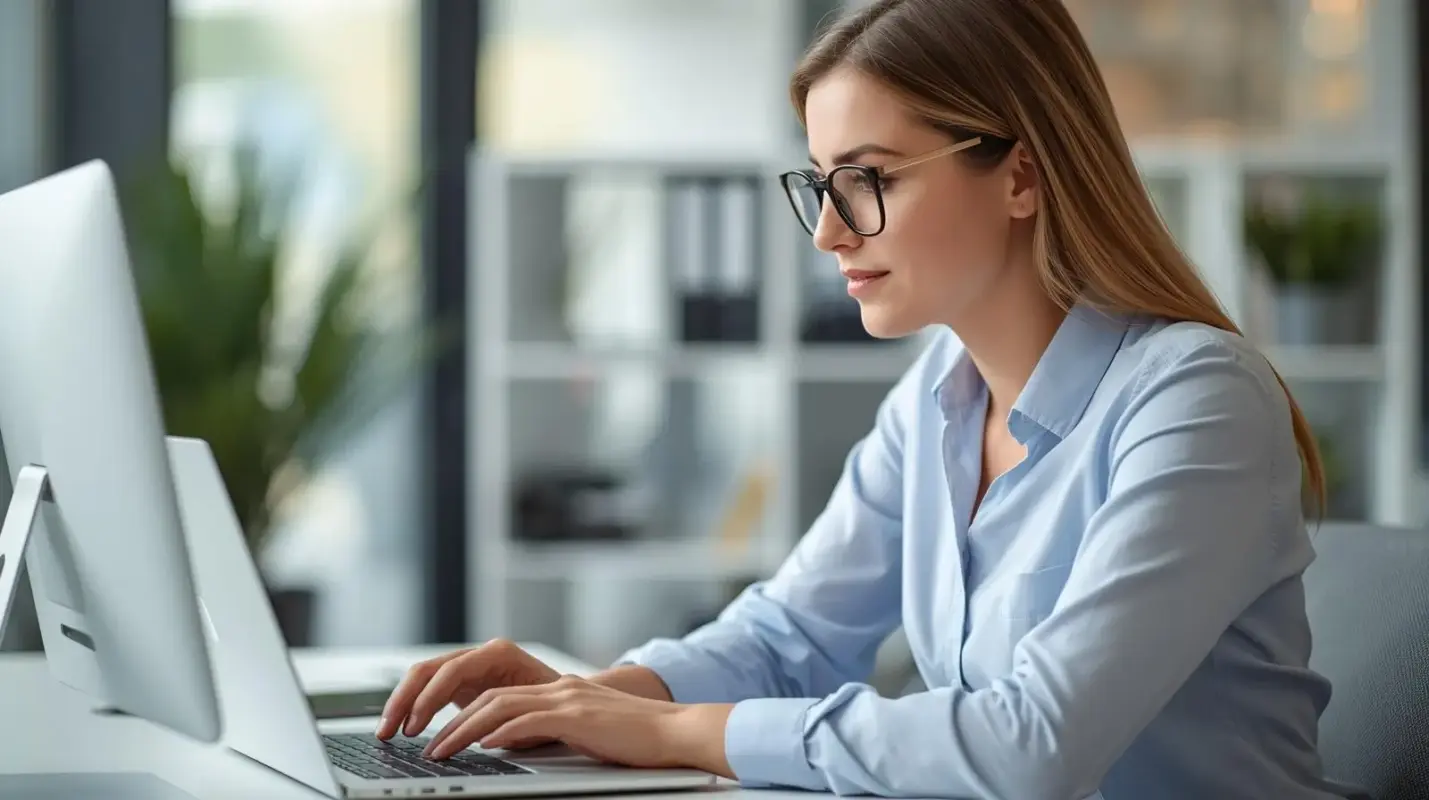 Abogada laboralista en una oficina realizando una consulta legal online mediante chat y correo electrónico para empresas y trabajadores.