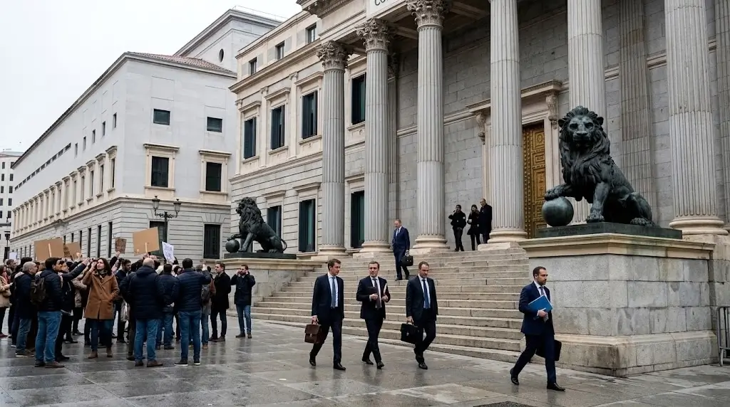 Fachada del Congreso de los Diputados con manifestantes y profesionales tras la disolución de las Cortes.