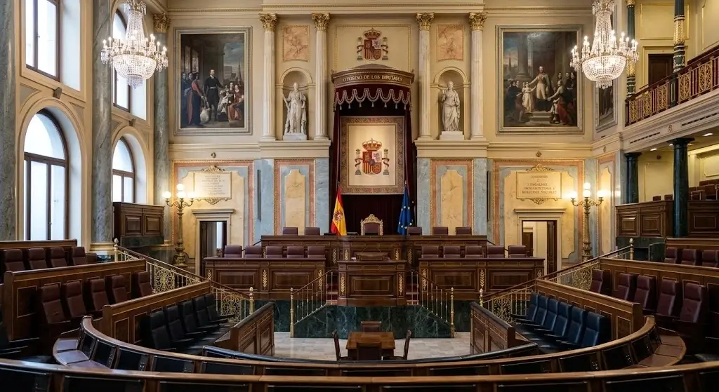 Fotografía del hemiciclo del Congreso de los Diputados de España vacío y en silencio, representando la parálisis parlamentaria y el bloqueo legislativo.